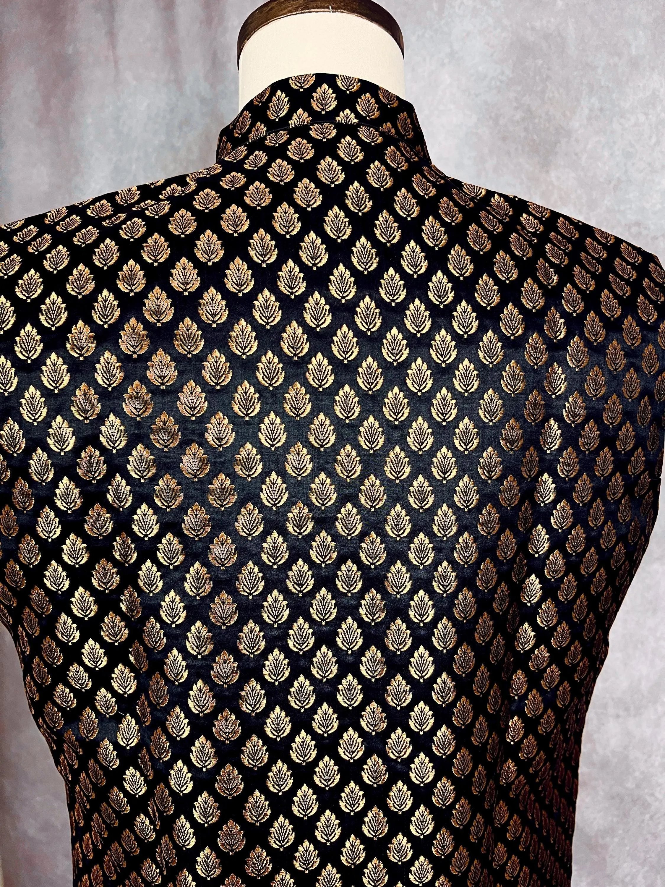 Designer Black Color Banarasi Modi Nehru Jacket For Men in Soft Banarasi Silk with Gold Buttis | Men Wedding Jackets | Men Party Wear Jacket