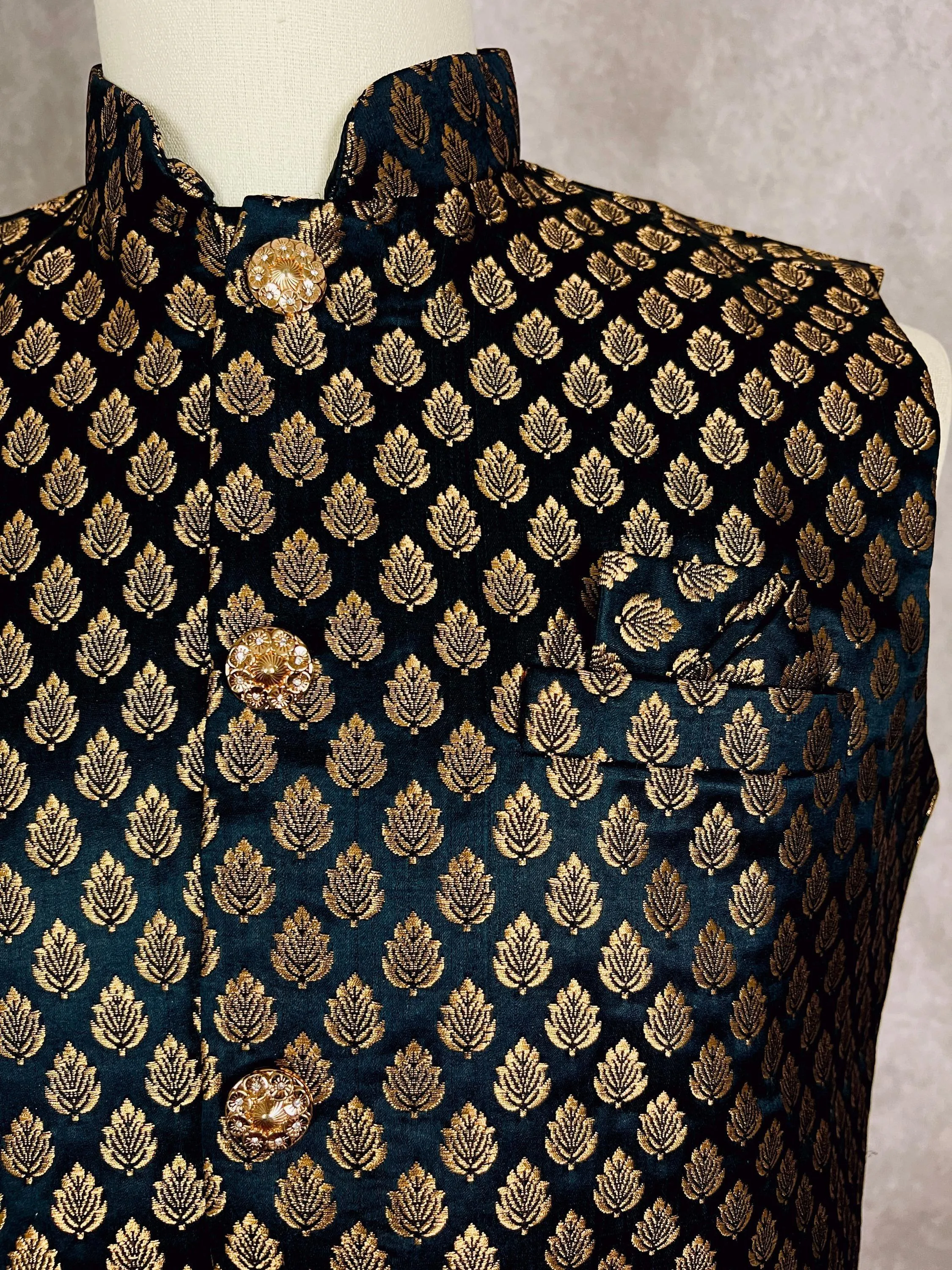 Designer Black Color Banarasi Modi Nehru Jacket For Men in Soft Banarasi Silk with Gold Buttis | Men Wedding Jackets | Men Party Wear Jacket