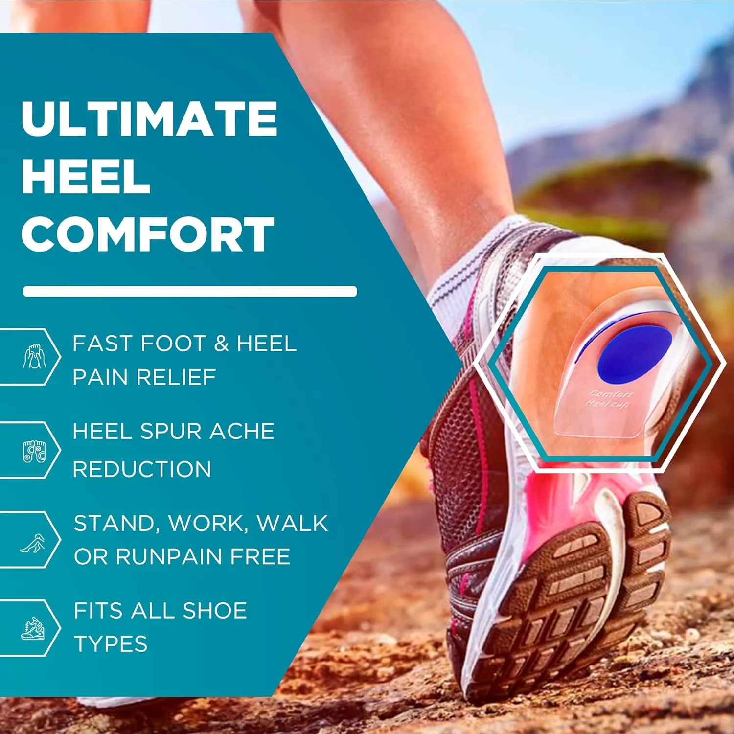 Gel Silicone Heel Cups/Pads, 2 Pack, FSA HSA Eligible, for Achilles Tendonitis, Shoe Wedge Inserts for Plantar Fasciitis, Bone Spur, Foot Pain Relief Support, Comfort Cushion Insoles for Women/Men