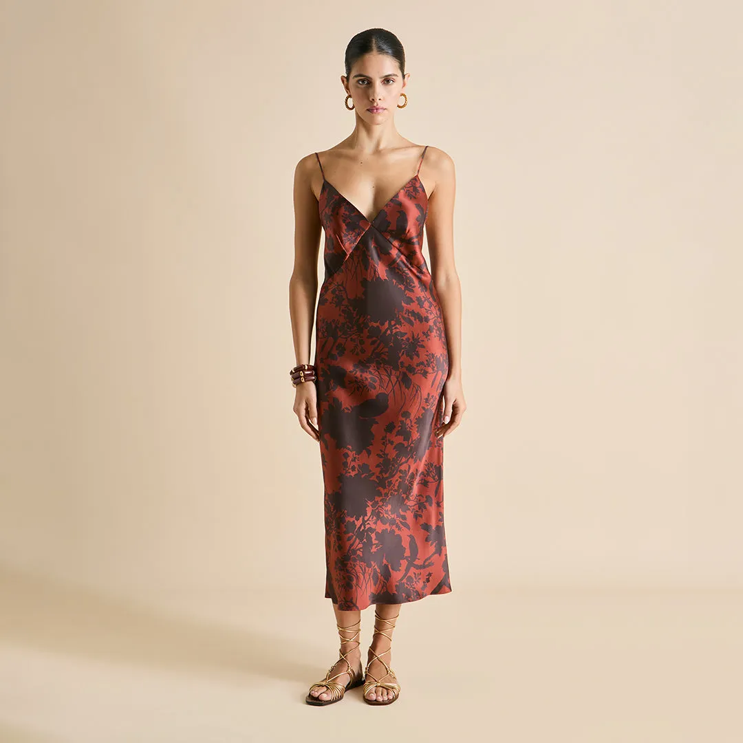 Issa Lalanne Burgundy Floral Slip Dress in Silk Satin