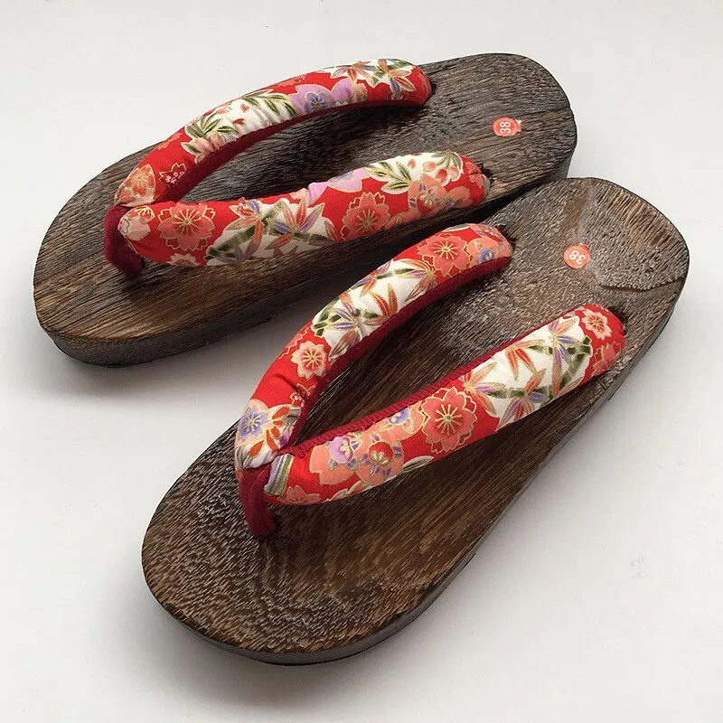 Japanese Traditional Sakura Print Clog Geta Rount Toe Wooden Shoes Outdoor Flip Flops