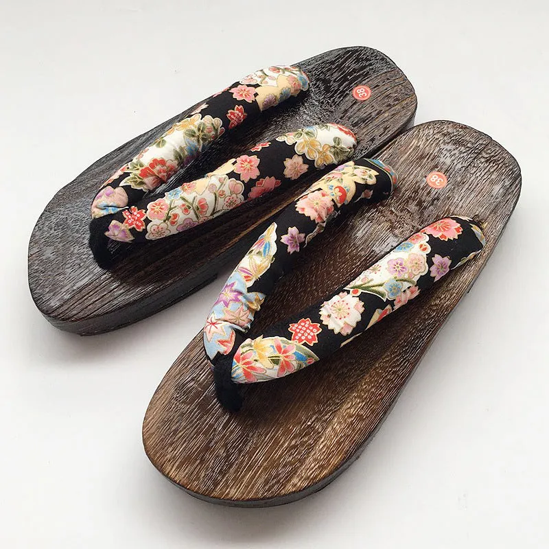 Japanese Traditional Sakura Print Clog Geta Rount Toe Wooden Shoes Outdoor Flip Flops