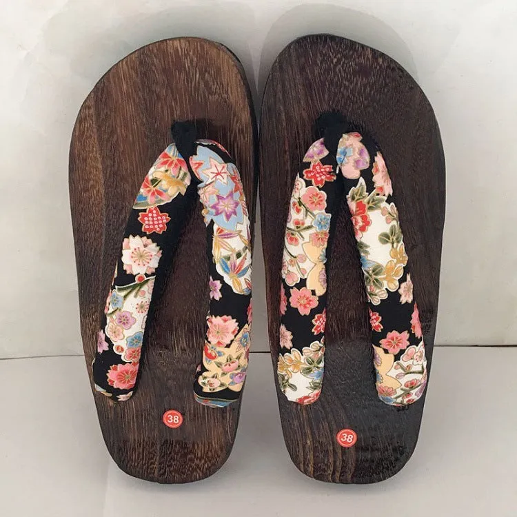 Japanese Traditional Sakura Print Clog Geta Rount Toe Wooden Shoes Outdoor Flip Flops