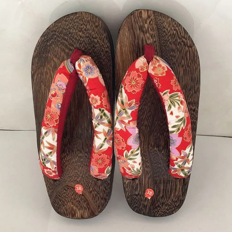 Japanese Traditional Sakura Print Clog Geta Rount Toe Wooden Shoes Outdoor Flip Flops
