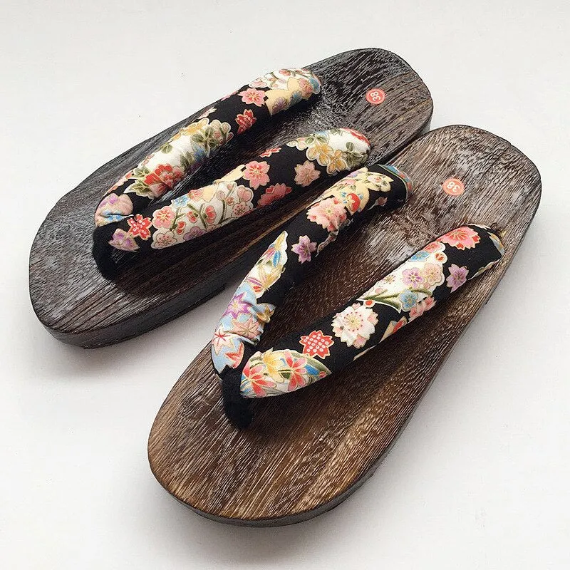 Japanese Traditional Sakura Print Clog Geta Rount Toe Wooden Shoes Outdoor Flip Flops