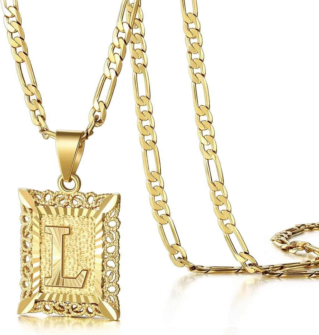 KissYan Initial Letter Pendant Necklace for Men Women, 14K Gold Plated Square Capital Monogram Necklace Alphabets from A-Z Figaro Chain Jewelry