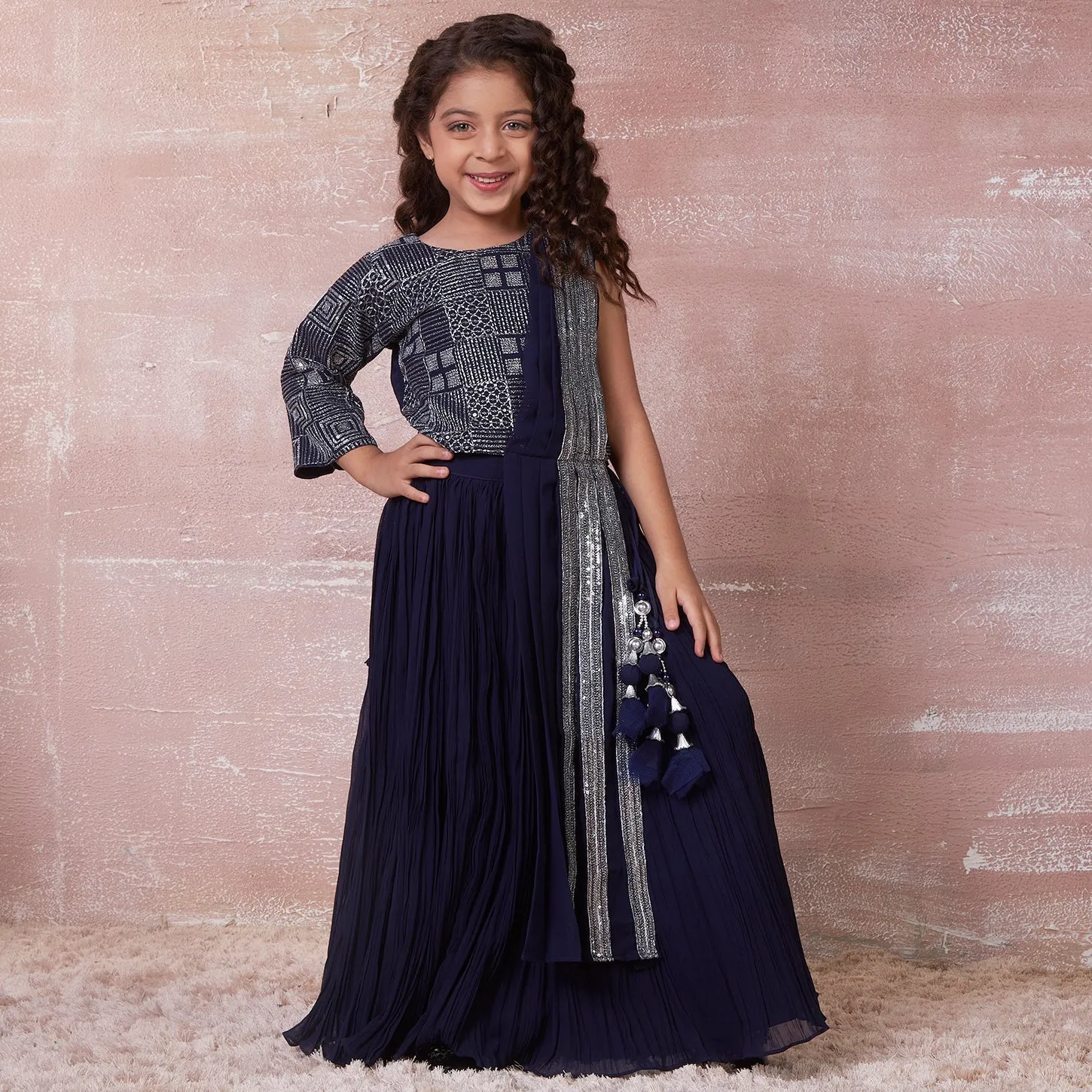 Ministitch mother and daughter sequin work designer lehenga choli set - Navy blue