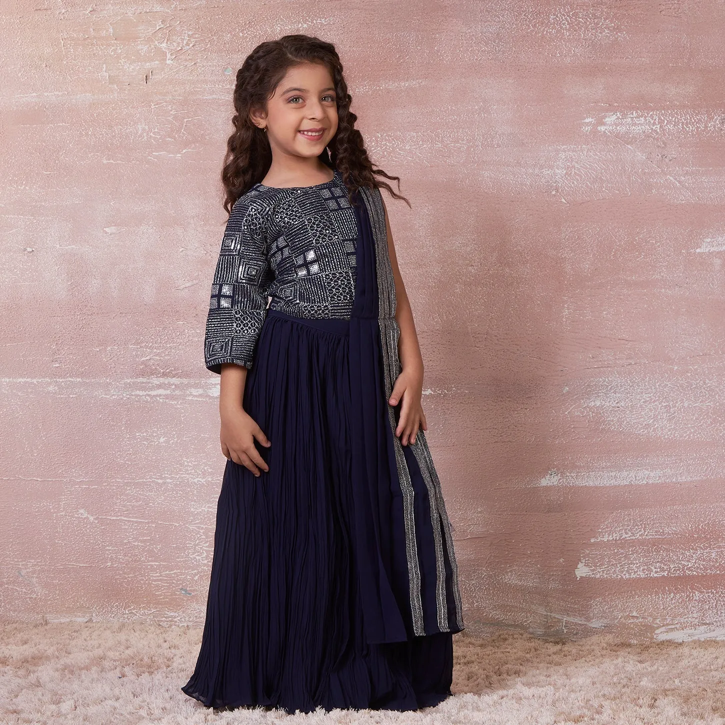 Ministitch mother and daughter sequin work designer lehenga choli set - Navy blue