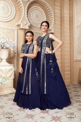 Ministitch mother and daughter sequin work designer lehenga choli set - Navy blue