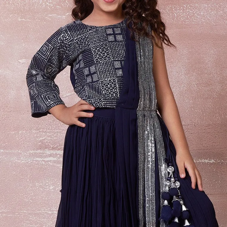 Ministitch mother and daughter sequin work designer lehenga choli set - Navy blue