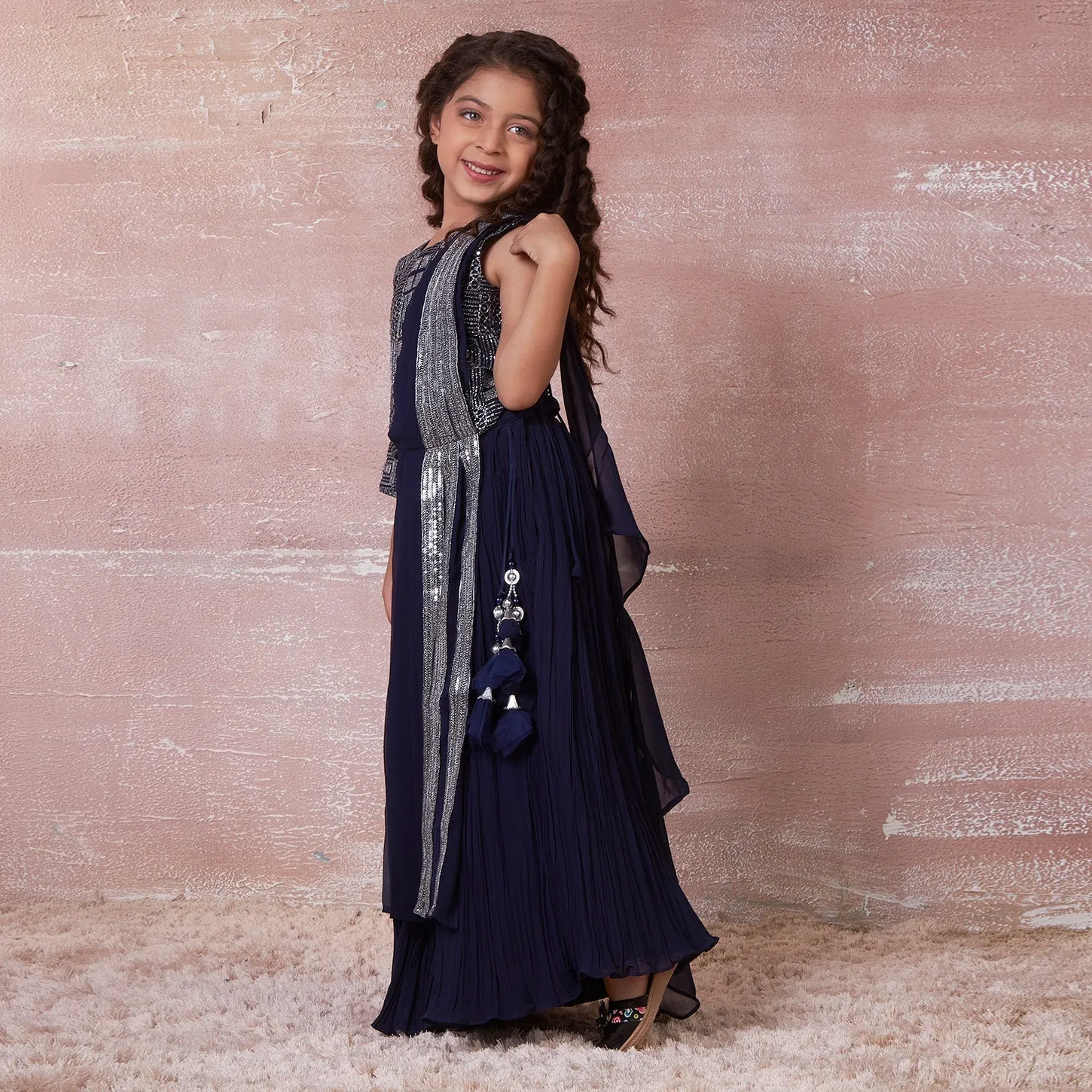 Ministitch mother and daughter sequin work designer lehenga choli set - Navy blue